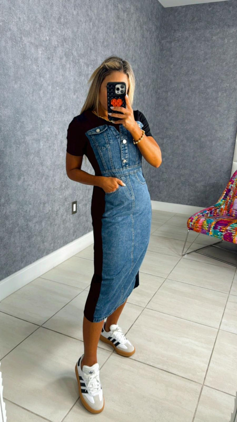 5296 Contrast denim midi dress