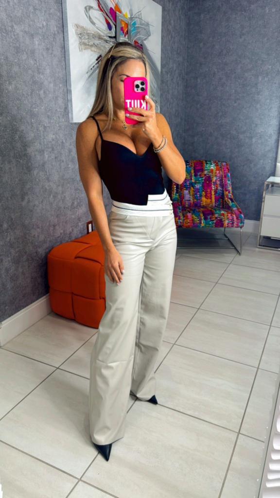 P182 Pu pants with white waistband