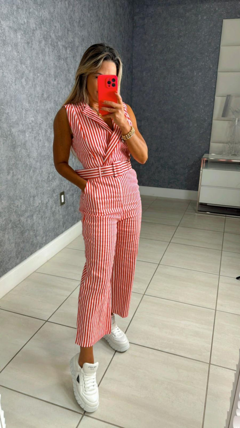 8932 Striped belted jumpsuit with pockets