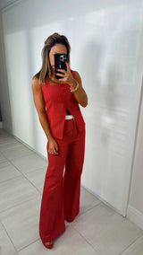 3055 Solid vest and double waistband pants set