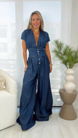 0712 V-neck denim jumpsuit