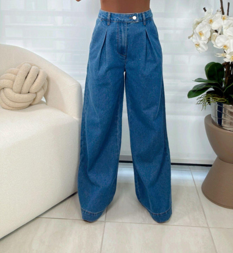 6270 Pleated wide leg denim pants