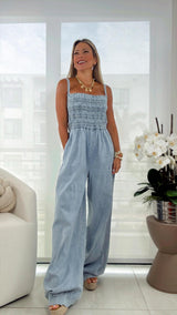 1057 Denim bubble pants tube jumpsuit