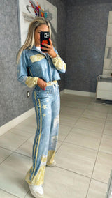 1232 Gold denim print jacket and pant set