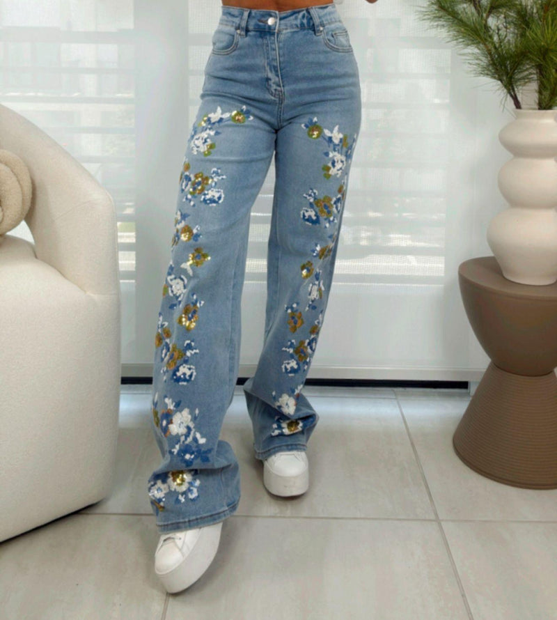 0600 Denim pants with sequin flowers