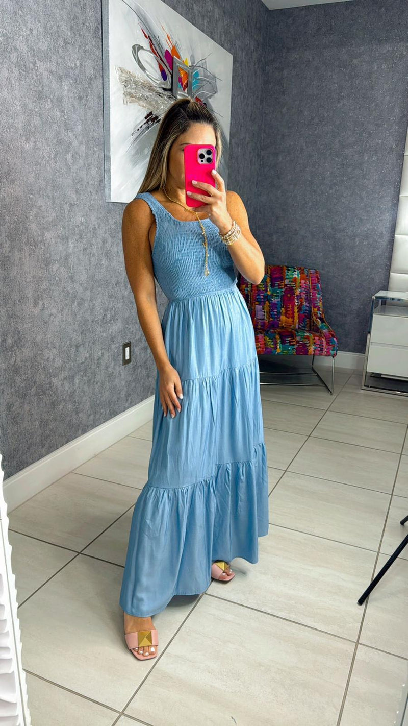 2074 Smocked tiered sleeveless maxi dress