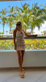 M718 Crochet halter tie mini dress