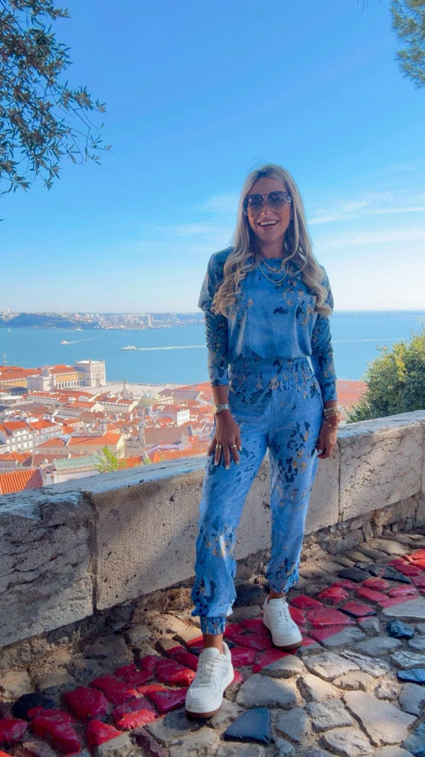 1702 Denim Leopard long sleeve top and jogger set KIUT
