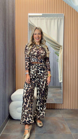 F399 Leopard print mesh top and pants set