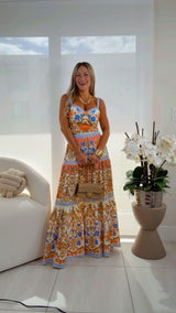 3757 Printed top and maxi skirt set