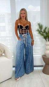 1679 Wide leg denim pants front closure