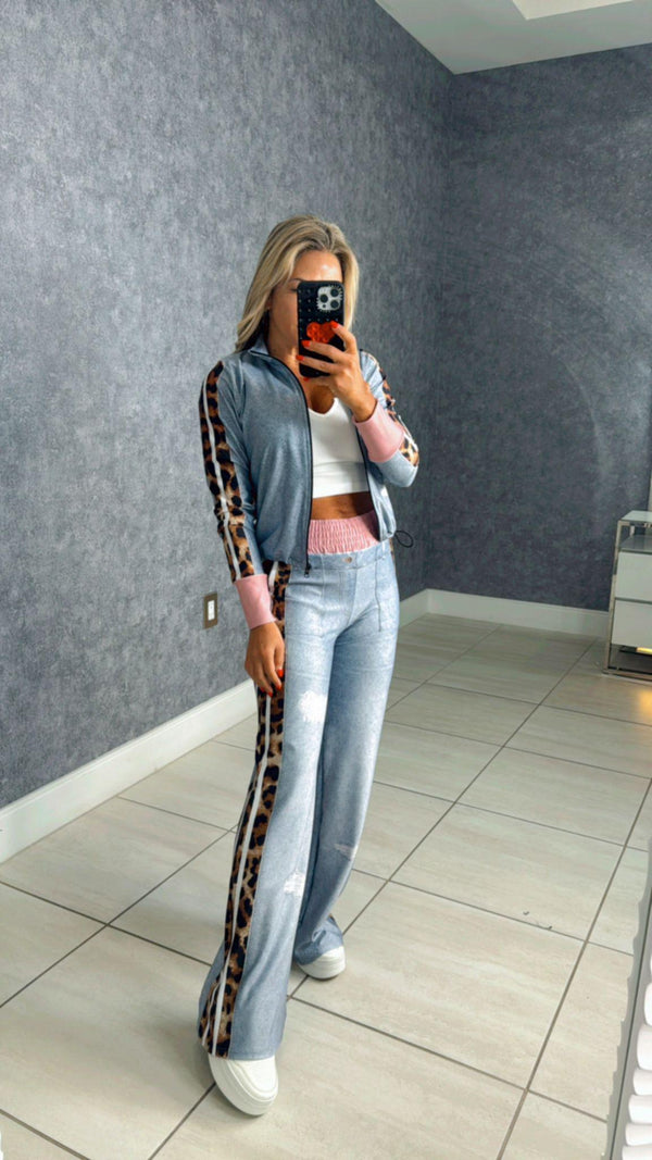 1163 Leopard denim print jacket and pant set