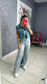 7095 Cotton and denim pants with elastic waistband