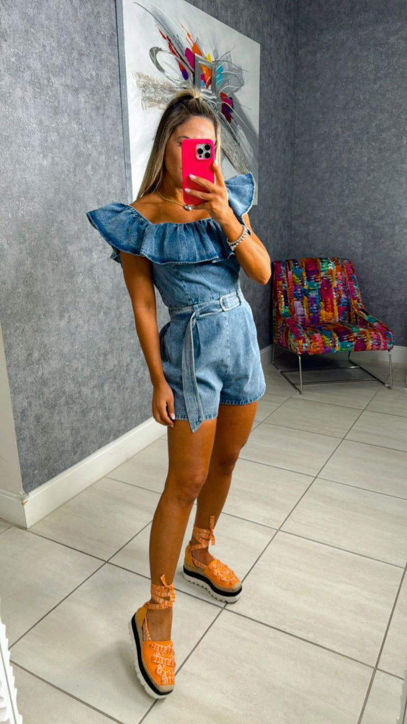 6325 Off shoulder ruffle detail romper