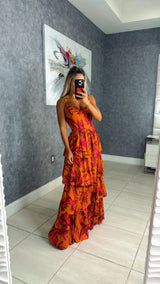 1502 Printed maxi dress layered skirt