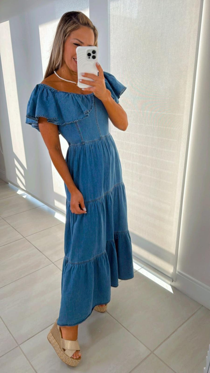 0581 Denim dress off shoulder neckline