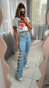 5301 Denim pants with details on the boots