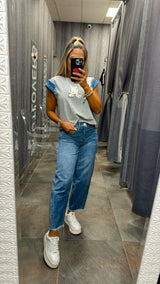 2414 Baggy fit panel fray hem jeans