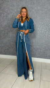 4280 Washed crop hoodie and front double slit wide leg pants set
