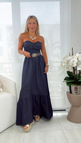 5047 Strapless denim midi dress with belt