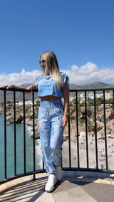1867 Denim leopard top and jogger set Kiut