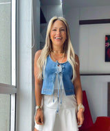 0075 Stretch denim front tie sleeveless top