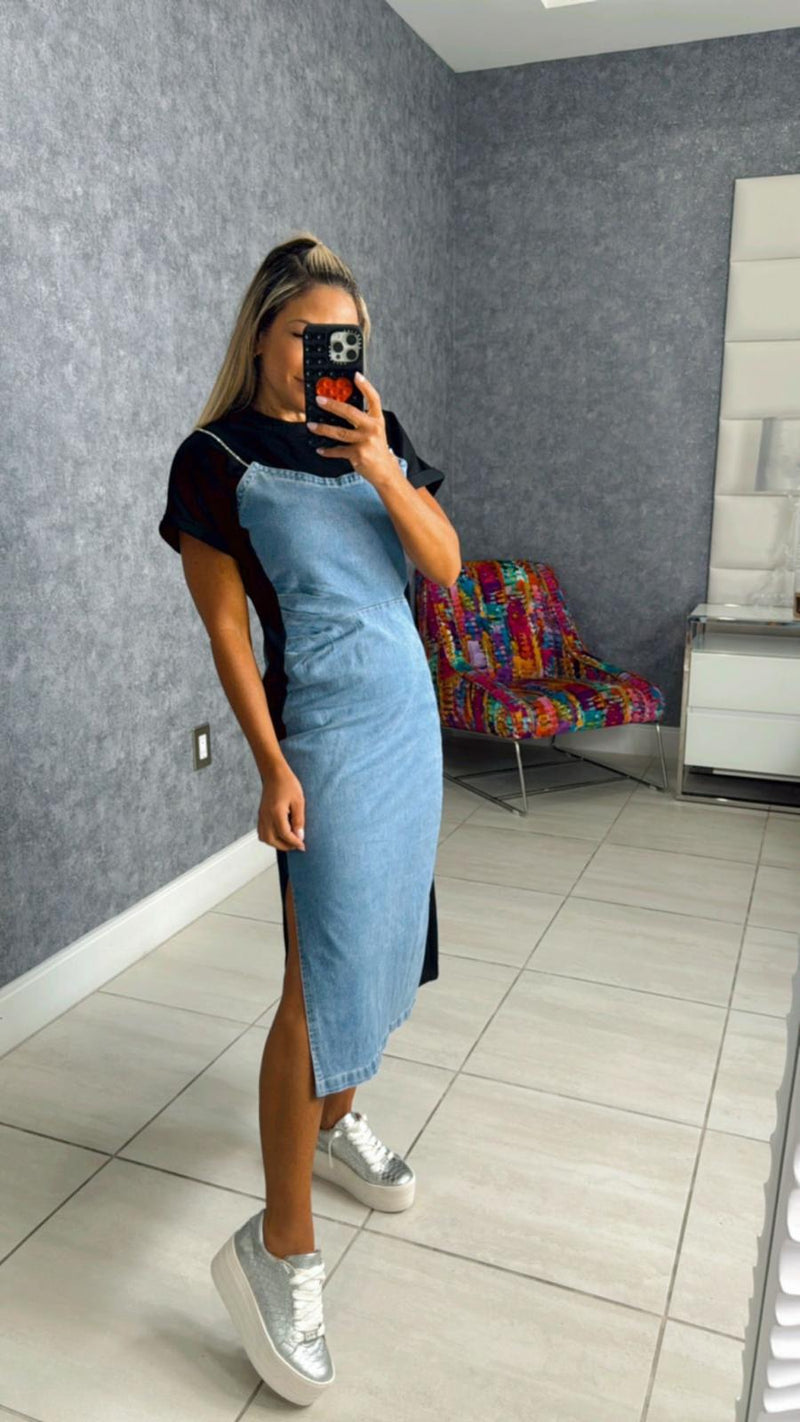 0773 Contrast denim midi dress