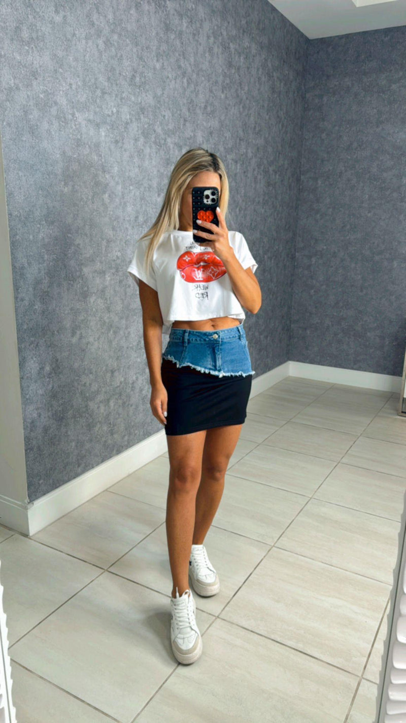 0854 Contrast denim waist mini skirt