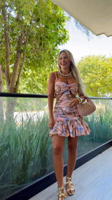 0414 Drapped flower print mini dress