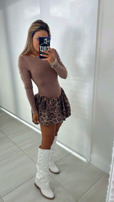 4620 Long sleeve bubble skirt leopard mini dress