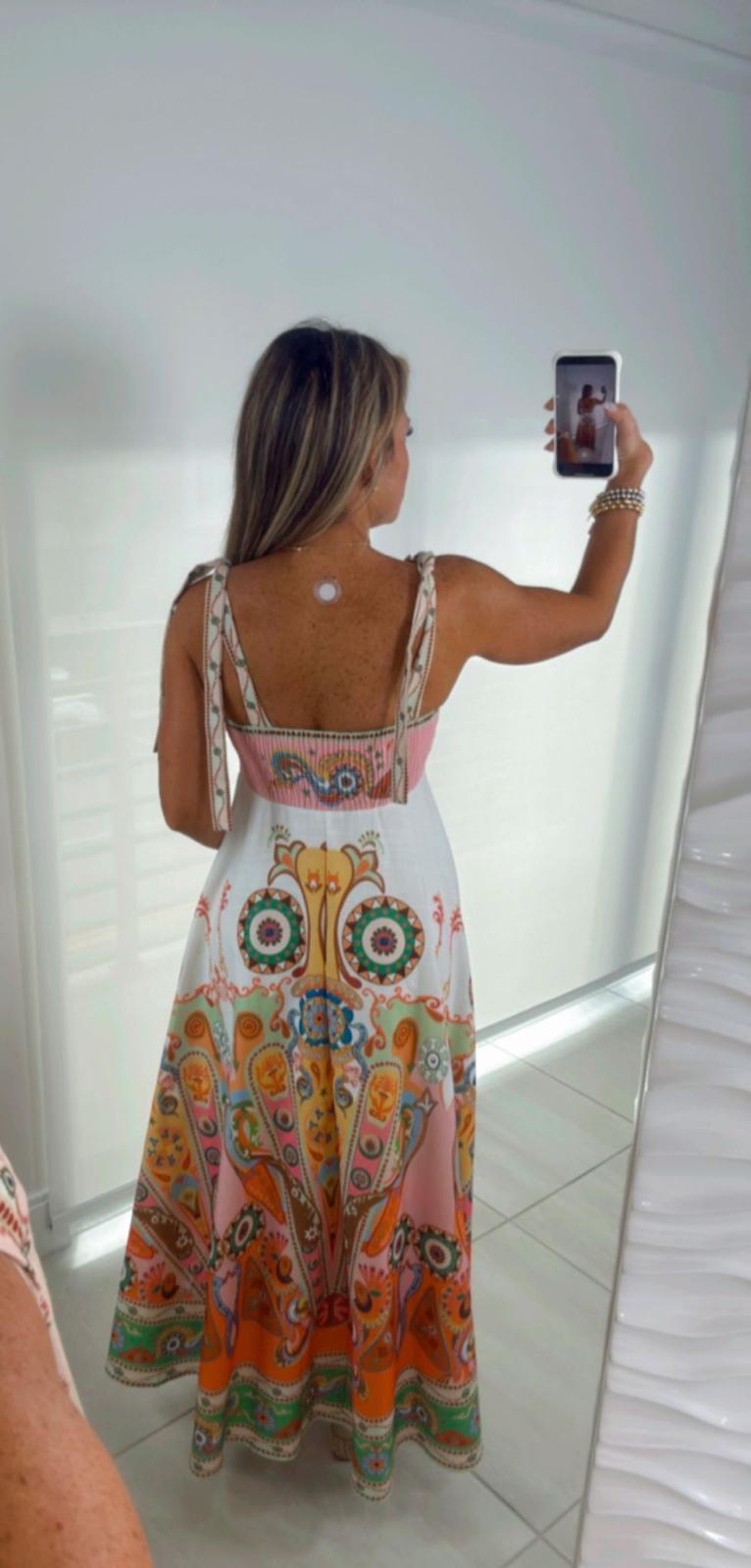 8028 Shoulder tie printed dress