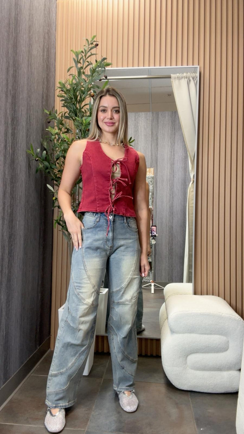 5224 Acid washed denim front tie vest