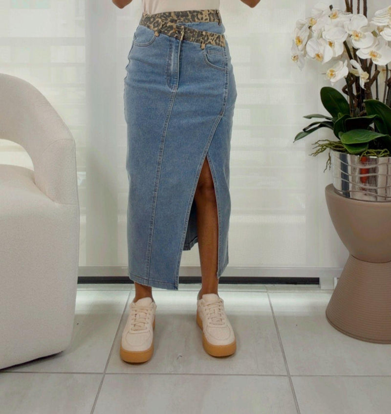 R005 Crossover denim midi skirt