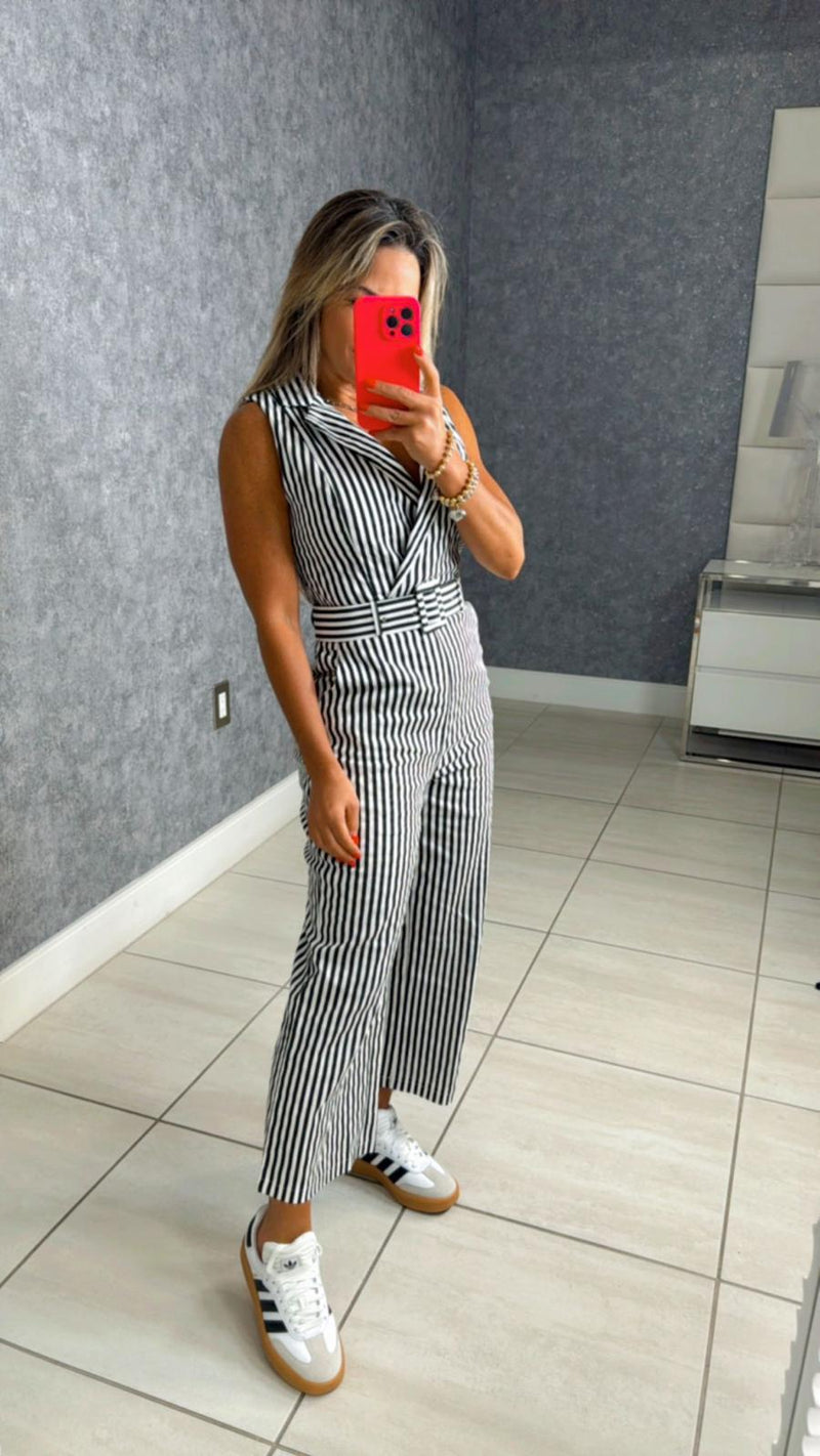 8932 Striped belted jumpsuit with pockets