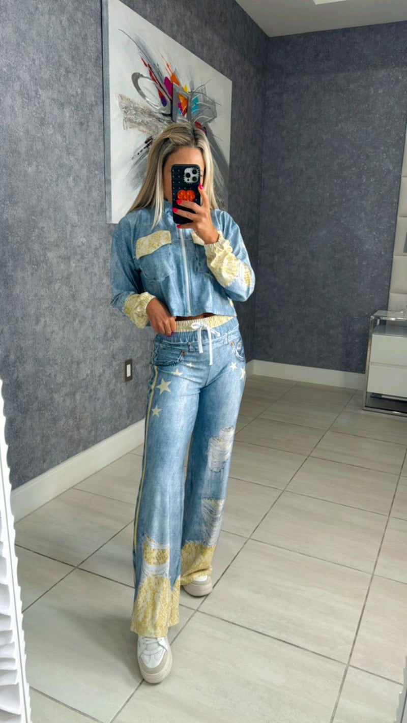 1232 Gold denim print jacket and pant set
