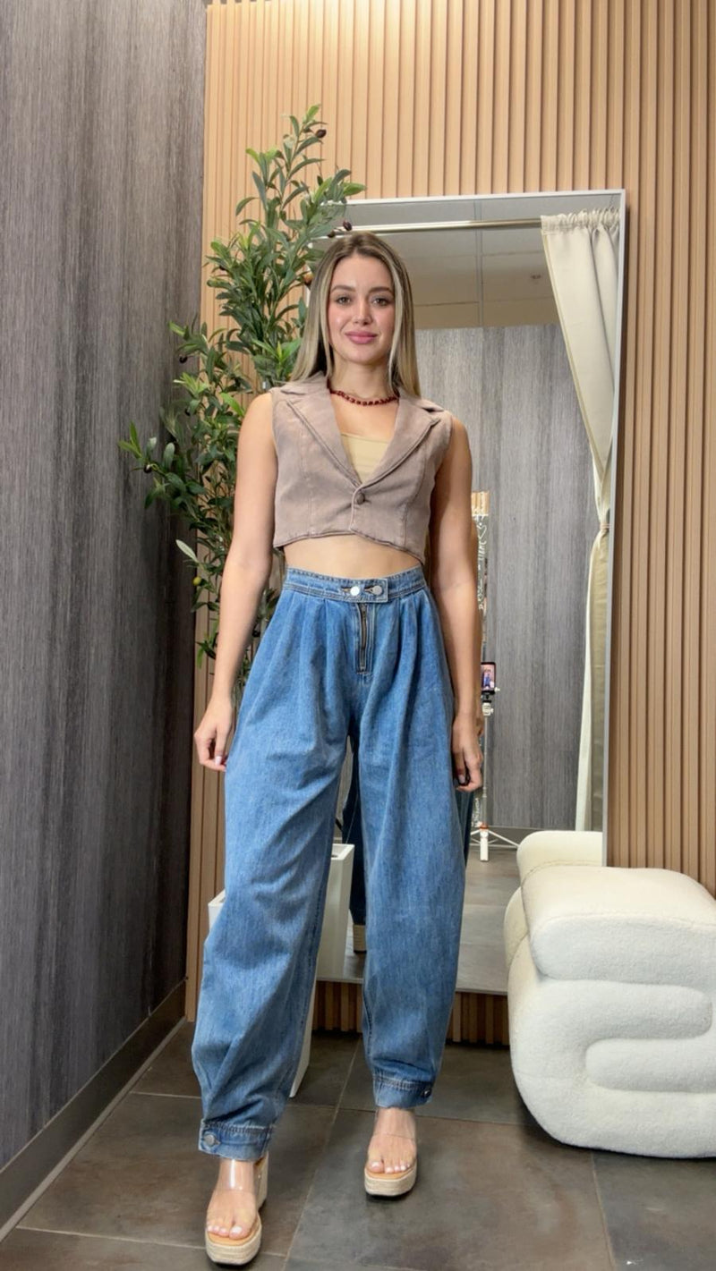 5022 Collar neck cropped denim vest