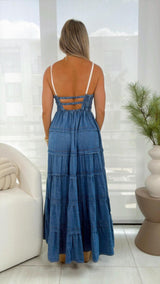 1586 Washed denim midi dress front tie