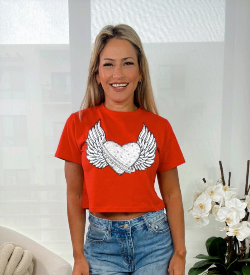5019 Hearts wings print crop T-shirt