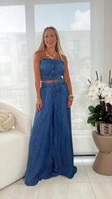 5323 Washed denim top and wide pants set