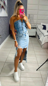 0125 Strapless denim crop top