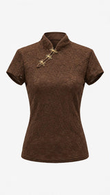 0419 Short sleeve mandarin collar lace top