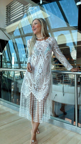 0234 Lace fringe sheer dress