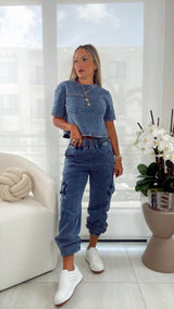 3306 Denim wash crop top and cargo jogger set