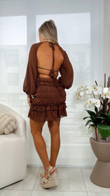 5099 Ruched open back long sleeve dress