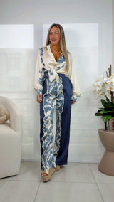 8004 Satin printed blouse and pants set