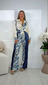 8004 Satin printed blouse and pants set