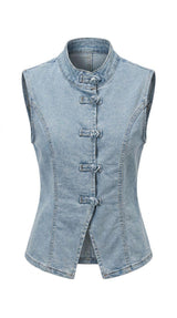 6153 Chinese button denim vest