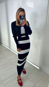 6142 Stripe midi dress with solid cardigan set