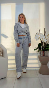 7079 Slouchy barrel leg pants with contrast denim detail