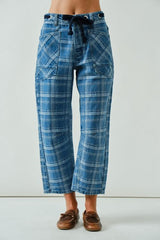 5483 New plaid semi barrel pants with belt